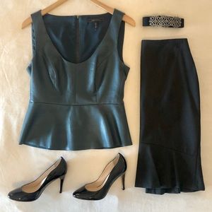 BCBGMAXAZRIA “CLAUDIANA” FAUX LEATHER PEPLUM TOP
